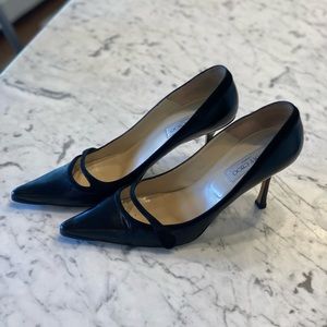 Jimmy Choo black stiletto heels w/ suede detailing